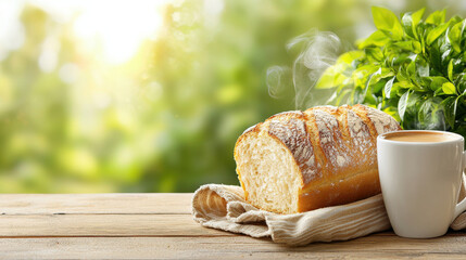 Poster - Freshly baked loaf of bread with steam, paired with cup of coffee, set against vibrant green background. warm atmosphere evokes comfort and relaxation