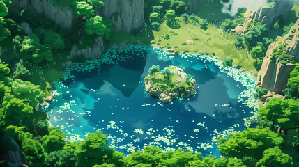 Poster - A cel-shaded lake with a small island, surrounded by vivid greenery.