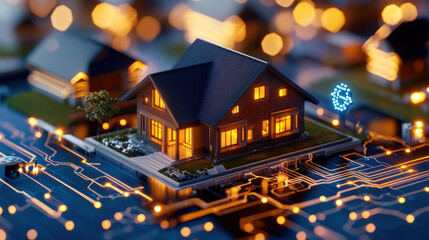 Poster - detailed 3D model of smart home powered by sustainable technology, showcasing cozy wooden house illuminated at night, surrounded by circuit board design