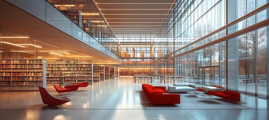 Poster - A modern library with floor-to-ceiling bookshelves, comfortable seating areas, and natural light 