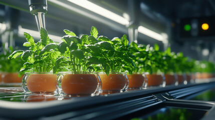 Leinwandbilder - detailed depiction of futuristic lab with hydroponic plants growing in glass containers, showcasing advanced agricultural technology and vibrant greenery