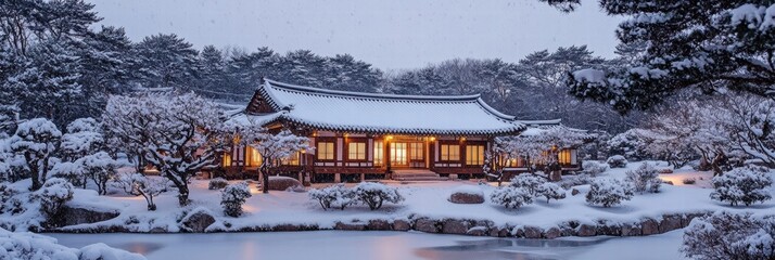 Poster - Korean traditional architecture illuminated at night surrounded by a snowy landscape in winter. Generative AI