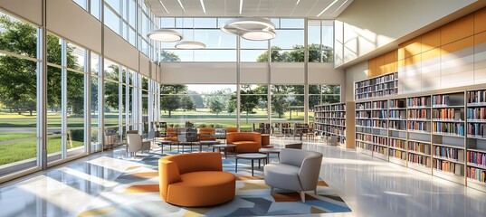 Poster - A modern library with floor-to-ceiling bookshelves, comfortable seating areas, and natural light 