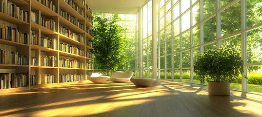 Poster - A modern library with floor-to-ceiling bookshelves, comfortable seating areas, and natural light 