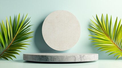 Poster - Minimalist Display with Concrete Circles and Lush Green Palm Leaves on Soft Blue Background
