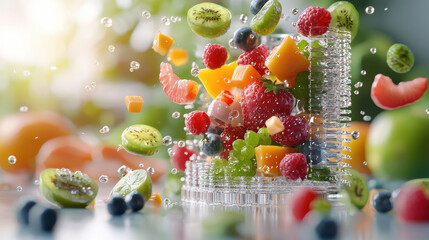 Poster - Fresh fruit explosion in glass container with splashes of water, showcasing vibrant colors and textures. delightful mix of strawberries, blueberries, kiwi, and more