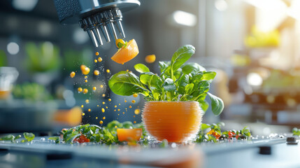 Poster - detailed depiction of food scientists testing 3D printed vegetables, showcasing innovative technology food production. vibrant colors and dynamic elements highlight future of sustainable