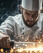 © Budsadee - A chef sharpening a knife, focused expression, vibrant kitchen lighting, blurred professional setup background,