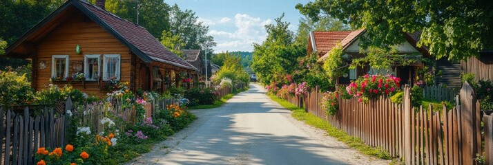 Aufkleber - Quiet rural street with wooden cottages and colorful flowers lining the fences in a serene countryside setting. Generative AI