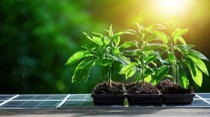 Aufkleber - Growing plants in pots on solar panels, showcasing sustainable agriculture and green energy. sunlight enhances vibrant green leaves, symbolizing growth and eco friendliness