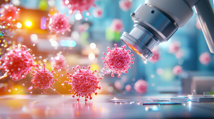 Aufkleber - detailed representation of nanoscale machines repairing viruses under microscope, showcasing vibrant colors and intricate details. scene conveys sense of scientific discovery and innovation