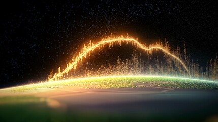 Poster - Abstract digital landscape glowing with vibrant wave pattern over a green surface and starry sky background