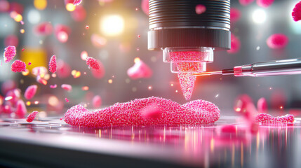 Poster - detailed scene of 3D bioprinting using nanotechnology, showcasing vibrant pink cells being printed with precision. atmosphere is dynamic and innovative, highlighting advancements in biotechnology