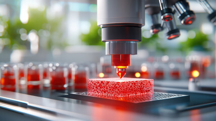 Fototapete - detailed scene of 3D bioprinting using advanced technology, showcasing red gel like material being printed with precision. environment is bright and modern, emphasizing innovation