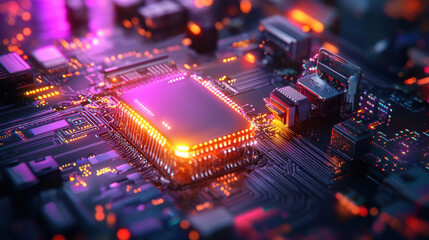 Leinwandbilder - vibrant close up of microprocessor on circuit board, showcasing intricate details and glowing lights, representing advanced technology and innovation
