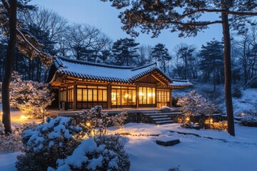 Aufkleber - Traditional Korean house surrounded by snow at dusk with warm lights illuminating the windows and peaceful surroundings. Generative AI