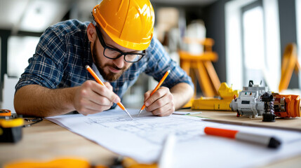 Poster - focused engineer in hard hat studies blueprints and sketches with precision, surrounded by tools and machinery, showcasing dedication to maintenance and design