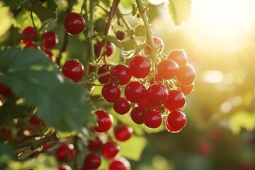 Wall Mural - Sunlit Red Currants Hanging on a Branch in Garden