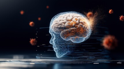 Poster - Abstract representation of human brain with virus particles and dynamic energy in a futuristic space