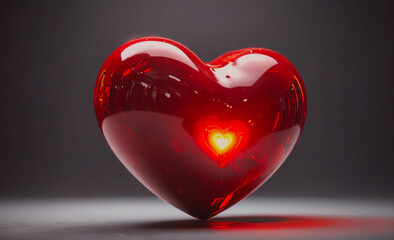 Poster - A heart with a hole in it is lit up with a red light. The heart is surrounded by a dark background
