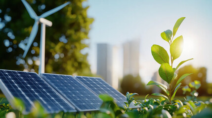 Aufkleber - Sustainable energy concept with solar panels and wind turbine in green city. image showcases young plant thriving in vibrant environment, symbolizing growth and eco friendliness