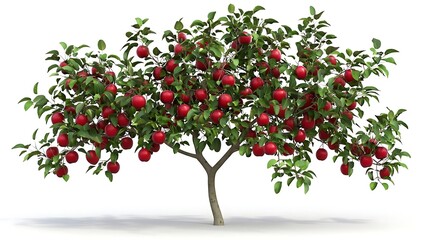 A fruit-laden apple tree with bright red apples and lush green leaves, standing isolated on a white background