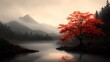 © adniluy - Serene autumn landscape featuring a vibrant red tree by a tranquil lake surrounded by misty mountains