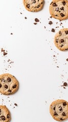 Aufkleber - Chocolate chip cookies and scattered crumbs create a visually appealing vertical frame on a clean white surface, leaving an inviting empty space in the center for creative uses