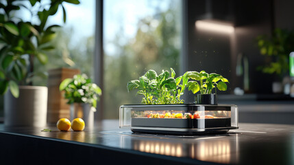 Aufkleber - modern indoor garden with automated plant growth, featuring fresh herbs and vegetables in sleek container. setup enhances home aesthetics and promotes healthy living