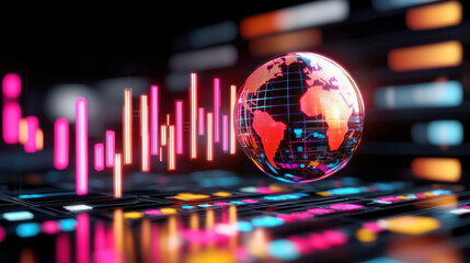 Leinwandbilder - futuristic representation of global finance with holographic globe, vibrant colors, and data visualization elements. This conveys innovation and technology in finance