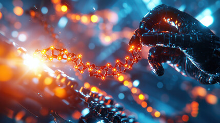 Aufkleber - futuristic scene of biotechnologist manipulating glowing DNA strands, showcasing advanced technology and innovation in genetic research