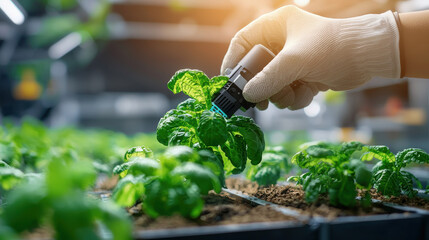 Aufkleber - hand wearing glove is carefully inspecting bioengineered crops in modern greenhouse. vibrant green leaves reflect advanced agricultural technology and innovation