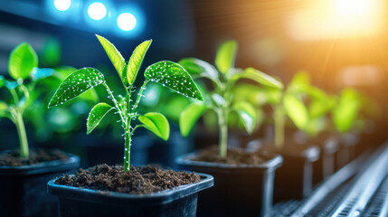 Poster - Futuristic scene of bioengineered crops growing in pots under bright lights, showcasing innovation in agriculture and sustainable farming practices