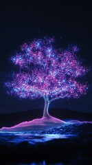 Fototapete - Luminous tree glows with blue and purple hues at night on a digital landscape