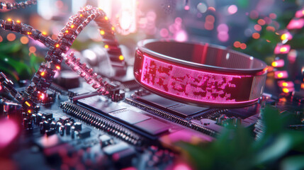 Poster - Futuristic wearable device on circuit board, showcasing vibrant technology and nature integration. scene evokes sense of innovation and connectivity