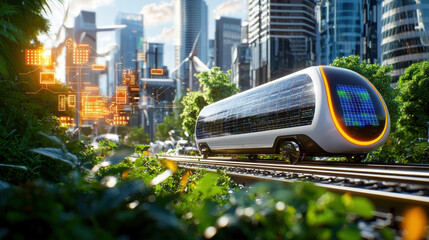 Poster - futuristic smart city featuring solar powered train on tracks surrounded by greenery and modern skyscrapers, showcasing renewable energy technology and urban innovation