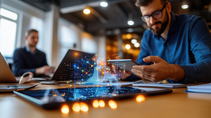 Poster - Innovative startup office with entrepreneurs analyzing data on digital devices. atmosphere is collaborative and focused on technology and growth