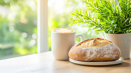 Poster - warm loaf of sourdough bread beside cup of latte on wooden table, with green plant in background, creating cozy and inviting atmosphere