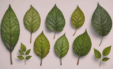 Poster - A collection of green leaves are shown in various sizes and shapes. The leaves are arranged in a row, with some overlapping each other. Scene is peaceful and serene, as the leaves are natural and
