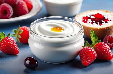 creamy yogurt with fresh raspberries in a glass bowl. Delicious and refreshing healthy snack with red juicy berries for a nutritious treat