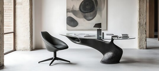 Poster - A sleek home office with a glass desk, ergonomic chair, and minimalist design elements