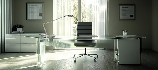 Poster - A sleek home office with a glass desk, ergonomic chair, and minimalist design elements