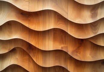 Poster - Smooth Curved Wooden Wall Panels Showcasing Elegant Grain Patterns and Natural Texture for Modern Interior Design, Architecture, and Decorative Elements