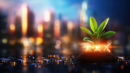 Aufkleber - vibrant plant growing from soil, illuminated against blurred city skyline, symbolizes hope and renewal in urban environment
