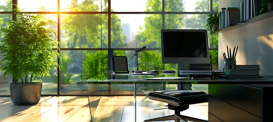 Poster - A sleek home office with a glass desk, ergonomic chair, and minimalist design elements
