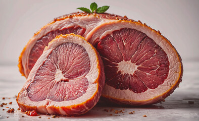 Poster - A piece of meat is cut in half and has a green leaf on top. The meat is surrounded by spices and he is a type of ham
