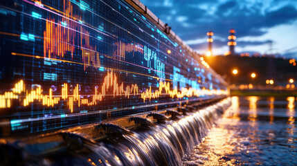 Poster - digital representation of hydroelectric power with flowing water and data visualization. scene captures blend of nature and technology, showcasing energy generation
