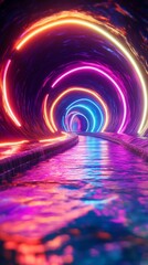 Poster - Abstract Neon Tunnel with Reflective Water Surface and Vibrant Color Gradients