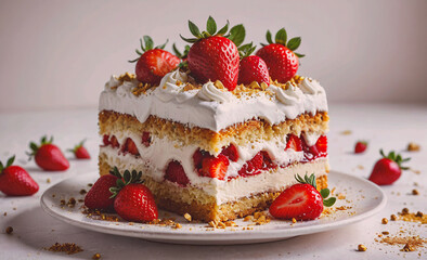 Poster - A strawberry cake with whipped cream and strawberries on top. The cake is cut into slices and placed on a white plate