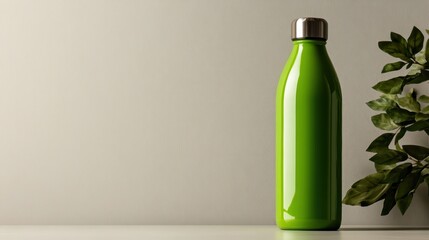 The striking green bottle prominently stands in an artful play of light and shadow, creating a vivid contrast against the textured backdrop for a strong visual statement.